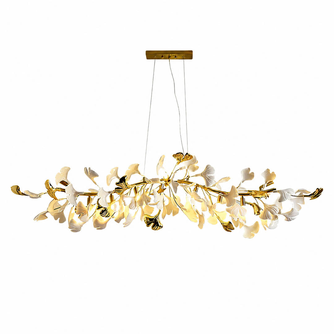 Gingko Chandelier Style B Model C uniform height linear 39.3 inch handcrafted porcelain ginkgo leaves Rose Gold frame ceramic 10 G9 sockets modern statement dining kitchen bedroom white background