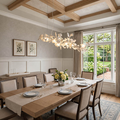 Gingko Chandelier Style B Model A adjustable linear 47.2 inch modern dining room 8 seat walnut table statement mid century warm ambient sculptural bendable branches botanical elegant lifestyle interior