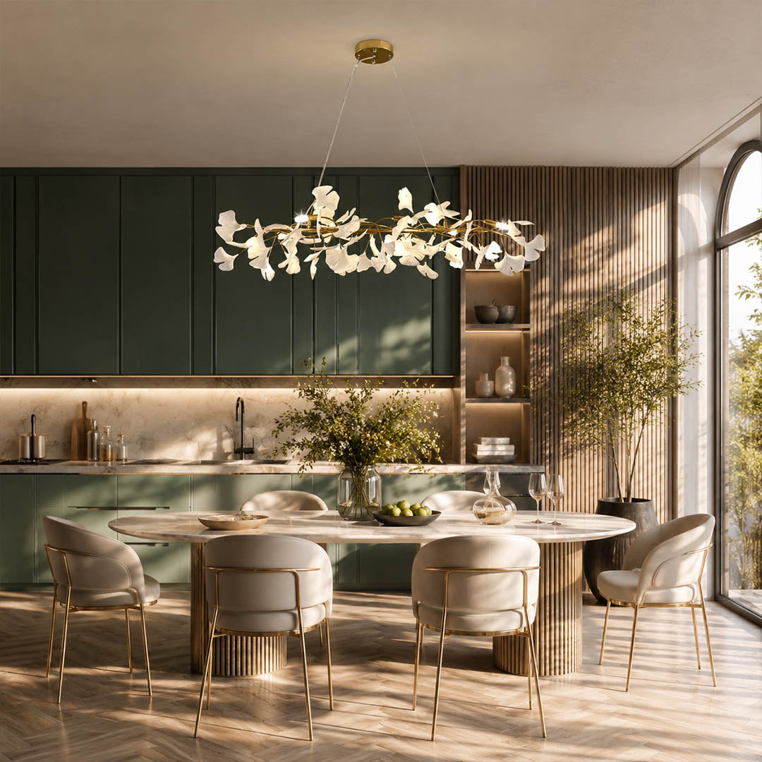 Gingko Chandelier Style B Model A adjustable linear 47.2 inch modern dining room 8 seat walnut table statement mid century warm ambient sculptural bendable branches botanical elegant lifestyle interior
