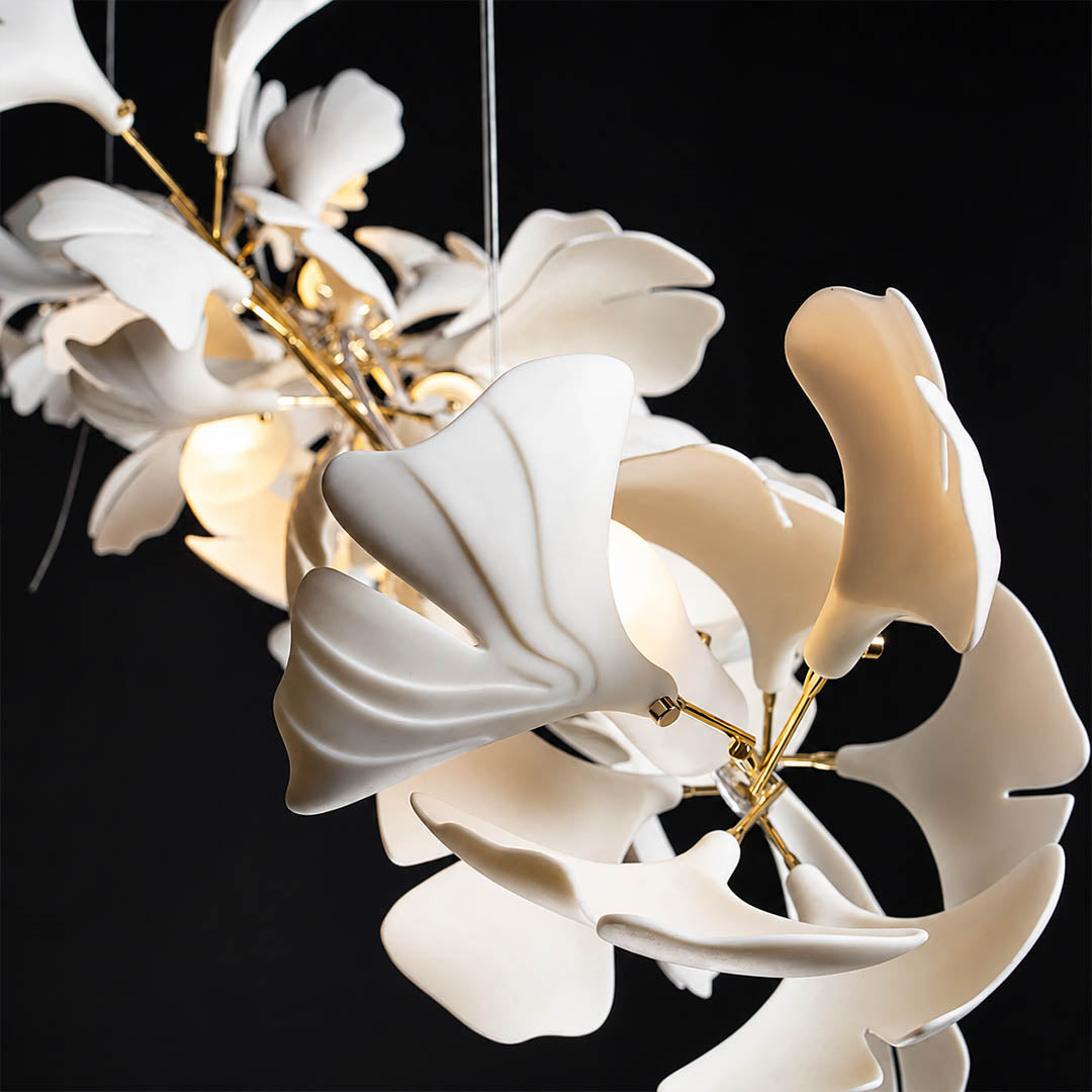 Gingko Chandelier Style B single ceramic hand glazed porcelain ginkgo leaf matte white botanical detail close up craftsmanship handcraft