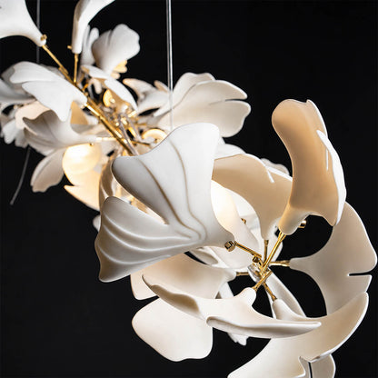 Gingko Chandelier Style B single ceramic hand glazed porcelain ginkgo leaf matte white botanical detail close up craftsmanship handcraft