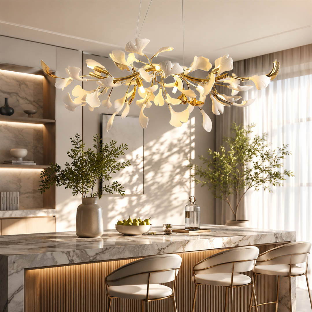 Gingko Chandelier Style B Model A adjustable linear 39.4 inch modern kitchen island marble counter statement mid century warm ambient sculptural bendable branches botanical lifestyle interior