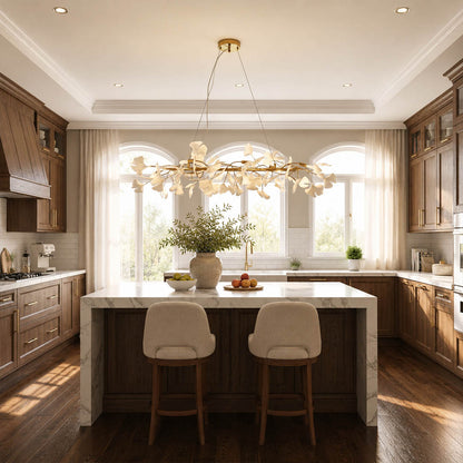 Gingko Chandelier Style B Model A adjustable linear 39.4 inch modern kitchen island marble counter statement mid century warm ambient sculptural bendable branches botanical lifestyle interior