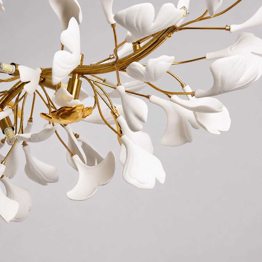 Gingko Chandelier Style B two thin steel wire suspension system adjustable length one way valve installation modern architectural sophisticated detail close up