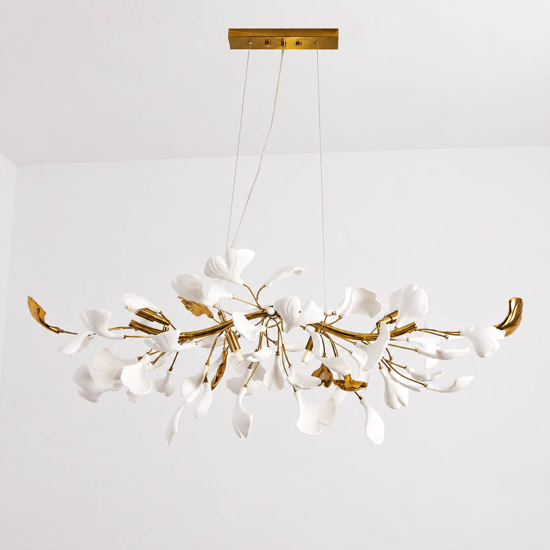 Gingko Chandelier Style B Model A adjustable linear 31.5 inch handcrafted porcelain ginkgo leaves Rose Gold frame ceramic 6 G9 sockets modern residential dining kitchen bendable branches white background