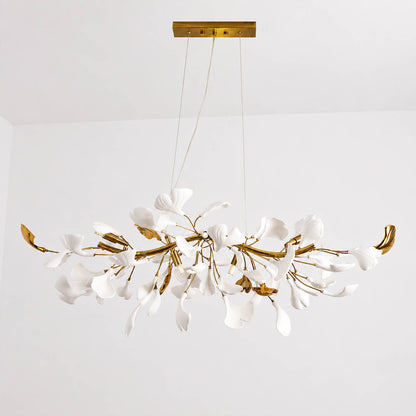 Gingko Chandelier Style B Model A adjustable linear 31.5 inch handcrafted porcelain ginkgo leaves Rose Gold frame ceramic 6 G9 sockets modern residential dining kitchen bendable branches white background
