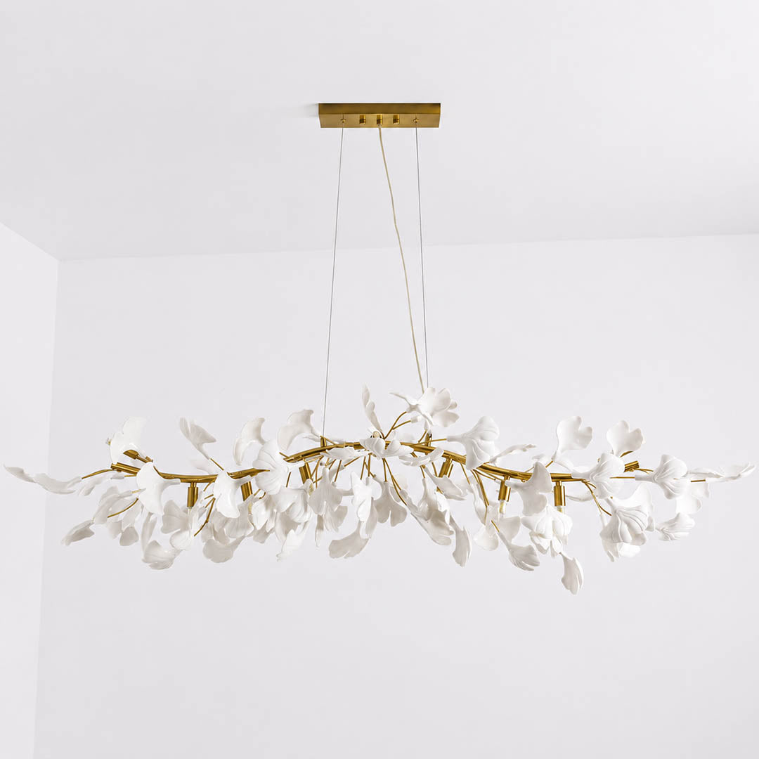 Gingko Chandelier Style B Model A adjustable linear 59.1 inch handcrafted porcelain ginkgo leaves Rose Gold frame ceramic 12 G9 sockets modern flagship statement grand dining kitchen bendable branches white background