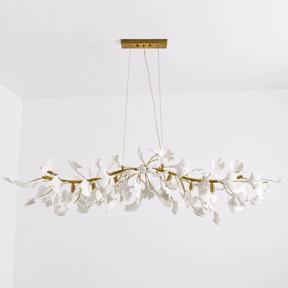 Gingko Chandelier Style B Model A adjustable linear 59.1 inch handcrafted porcelain ginkgo leaves Rose Gold frame ceramic 12 G9 sockets modern flagship statement grand dining kitchen bendable branches white background