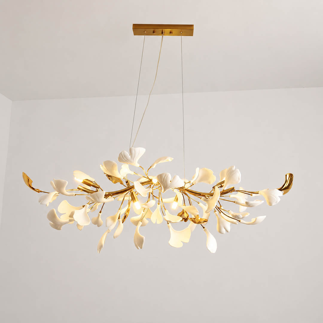 Gingko Chandelier Style B Model B ultra narrow flat linear 39.4 inch handcrafted porcelain ginkgo leaves Rose Gold frame ceramic 4 G9 sockets modern compact dining kitchen bar counter white background