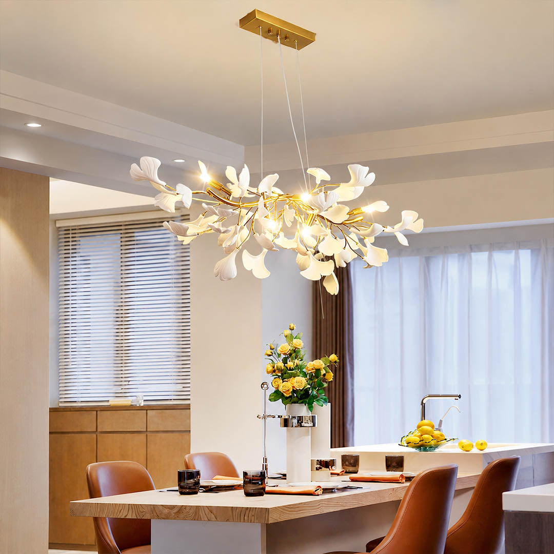 Gingko Chandelier Style B Model A adjustable linear 39.4 inch modern kitchen island marble counter statement mid century warm ambient sculptural bendable branches botanical lifestyle interior