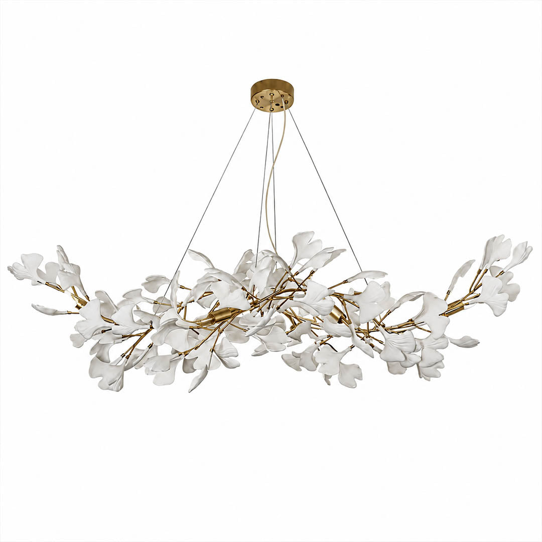 Gingko Chandelier Style C Model C linear vertical drop cascade 39.3 inch 59 tall handcrafted porcelain ginkgo leaves Rose Gold frame ceramic 8 G9 sockets modern mid century art deco statement double height dining foyer white background