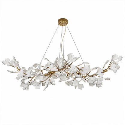 Gingko Chandelier Style C Model C linear vertical drop cascade 39.3 inch 59 tall handcrafted porcelain ginkgo leaves Rose Gold frame ceramic 8 G9 sockets modern mid century art deco statement double height dining foyer white background