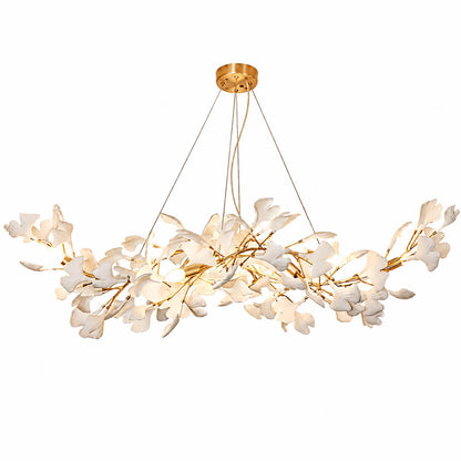 Gingko Chandelier Style C Model C linear vertical drop cascade 59 inch 59 tall handcrafted porcelain ginkgo leaves Rose Gold frame ceramic 12 G9 sockets modern mid century art deco flagship statement double height foyer atrium hospitality white background