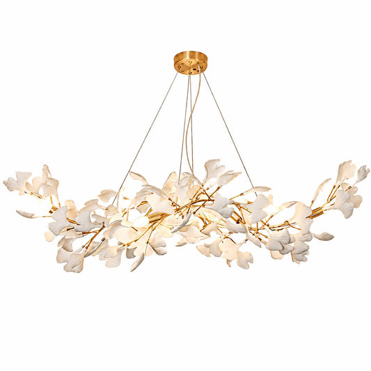 Gingko Chandelier Style C Model C linear vertical drop cascade 59 inch 59 tall handcrafted porcelain ginkgo leaves Rose Gold frame ceramic 12 G9 sockets modern mid century art deco flagship statement double height foyer atrium hospitality white background