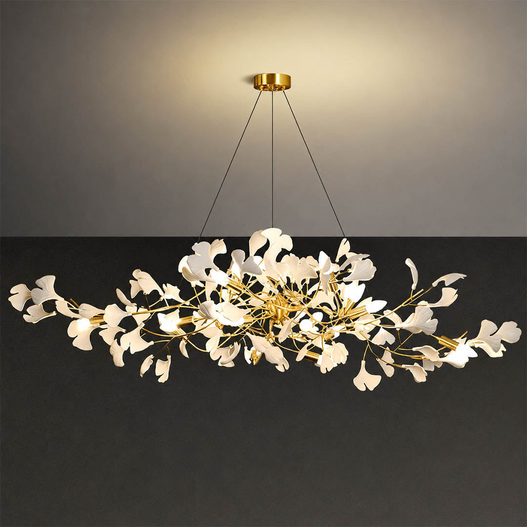Gingko Chandelier Style C Model A rectangular linear layered 41.3 inch handcrafted porcelain ginkgo leaves Rose Gold frame ceramic 8 G9 sockets modern mid century art deco dining kitchen white background