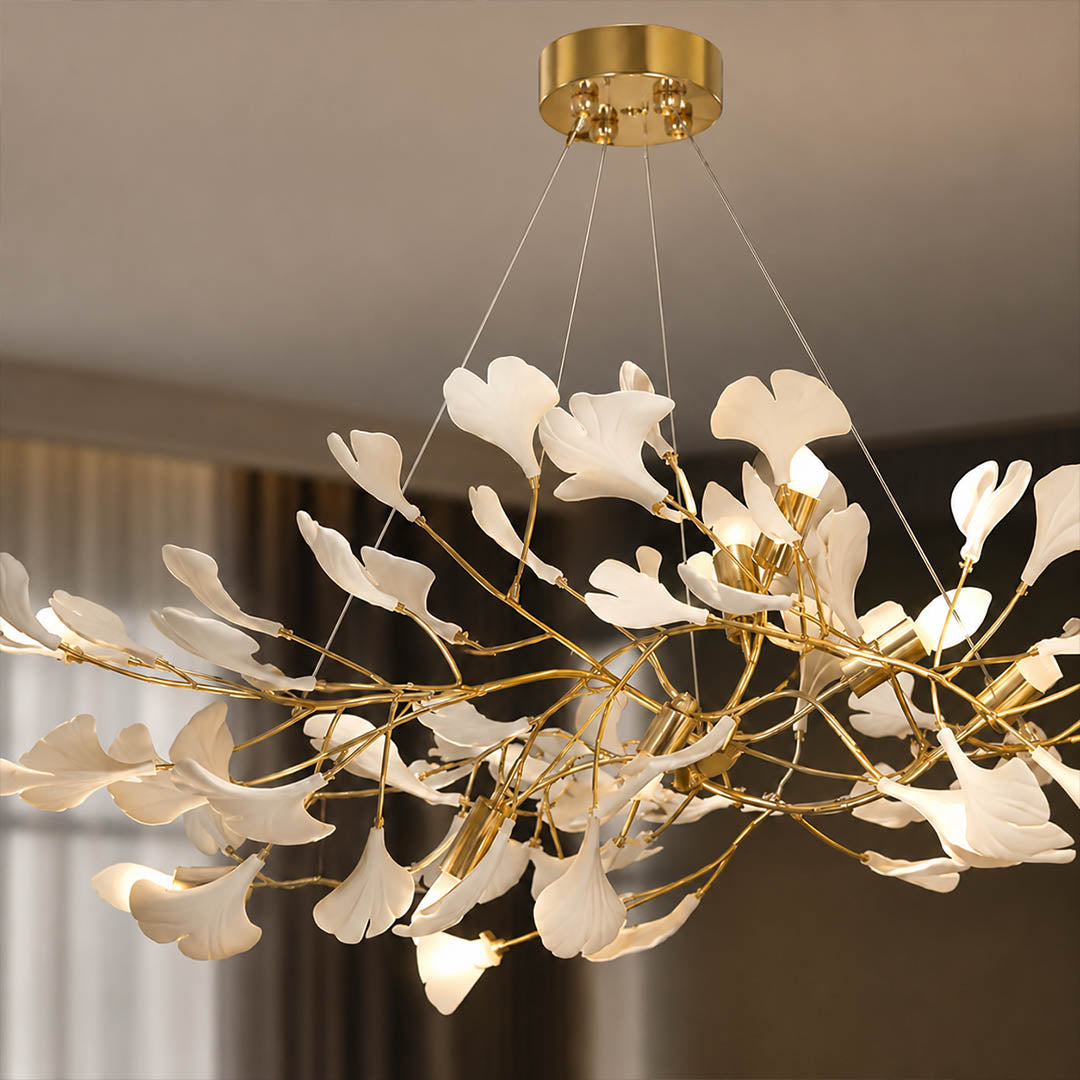 Gingko Chandelier Style C Rose Gold metal frame polished sophisticated warm pink gold finish detail close up architectural