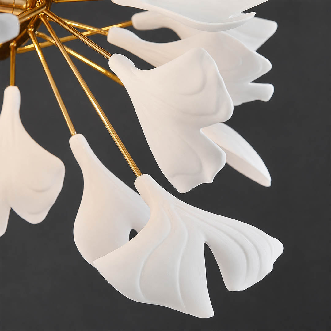 Gingko Chandelier Style C single ceramic hand glazed porcelain ginkgo leaf matte white botanical detail close up craftsmanship handcraft