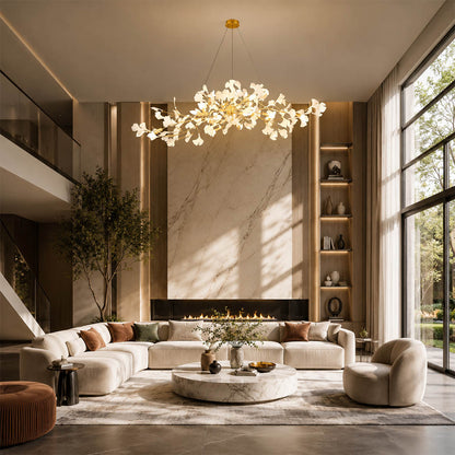 Gingko Chandelier Style C Model C linear vertical drop 47.2 inch 59 tall double height foyer entryway grand rotunda architectural mid century art deco statement warm ambient sculptural botanical hospitality lifestyle interior