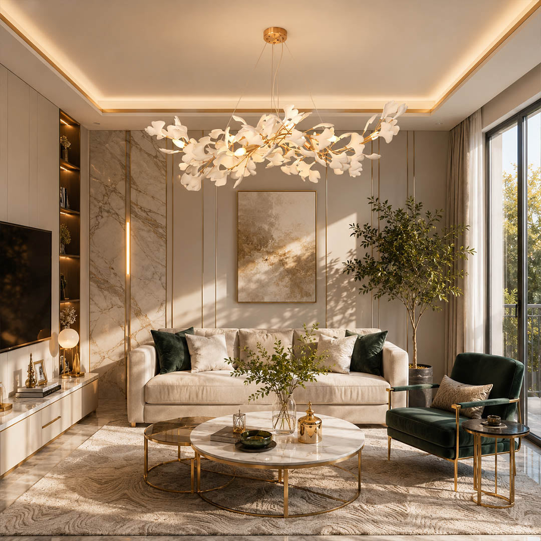 Gingko Chandelier Style C Model C linear vertical drop 47.2 inch 59 tall double height foyer entryway grand rotunda architectural mid century art deco statement warm ambient sculptural botanical hospitality lifestyle interior