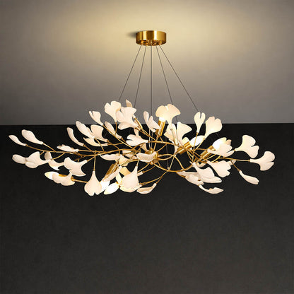 Gingko Chandelier Style C Model B shallow flat linear 43.3 inch handcrafted porcelain ginkgo leaves Rose Gold frame ceramic 6 G9 sockets modern mid century art deco compact dining kitchen residential white background