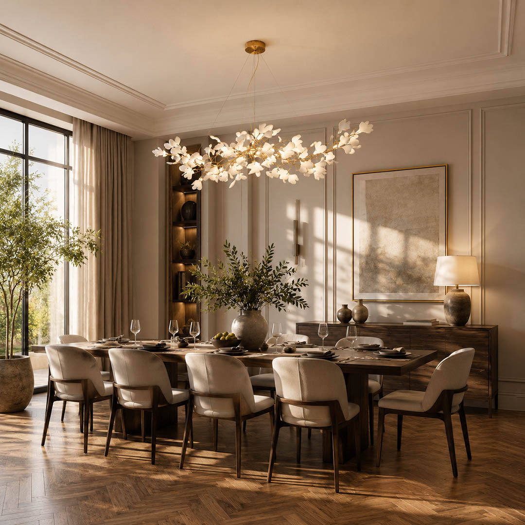 Gingko Chandelier Style C Model A rectangular linear 59.1 inch modern dining room 8 seat walnut table statement mid century art deco fusion warm ambient sculptural elegant lifestyle interior