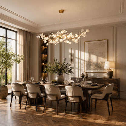 Gingko Chandelier Style C Model A rectangular linear 59.1 inch modern dining room 8 seat walnut table statement mid century art deco fusion warm ambient sculptural elegant lifestyle interior