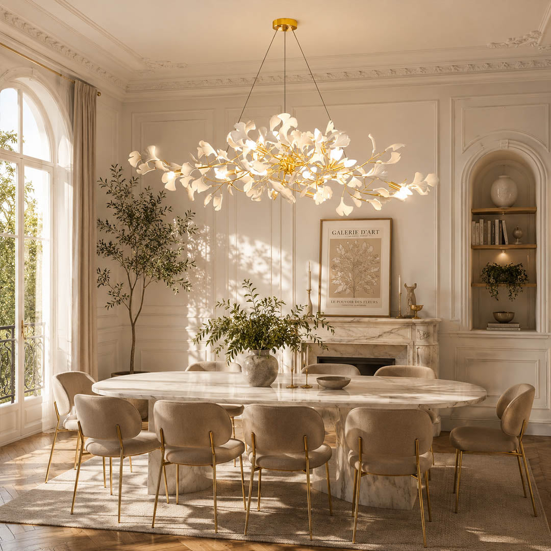 Gingko Chandelier Style C Model A rectangular linear 59.1 inch modern dining room 8 seat walnut table statement mid century art deco fusion warm ambient sculptural elegant lifestyle interior