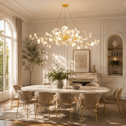Gingko Chandelier Style C Model A rectangular linear 59.1 inch modern dining room 8 seat walnut table statement mid century art deco fusion warm ambient sculptural elegant lifestyle interior