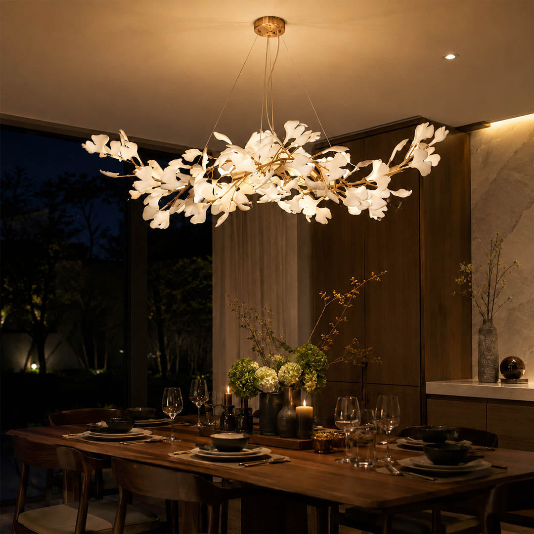 Gingko Chandelier Style C Model C linear vertical drop 47.2 inch 59 tall double height foyer entryway grand rotunda architectural mid century art deco statement warm ambient sculptural botanical hospitality lifestyle interior