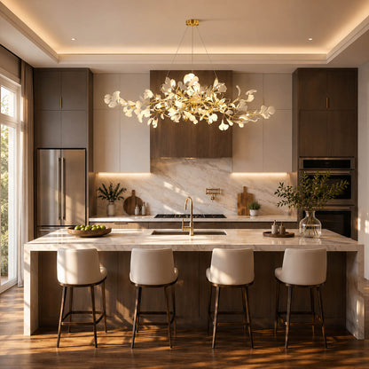 Gingko Chandelier Style C Model A rectangular linear 49.2 inch modern kitchen island marble counter statement mid century art deco fusion warm ambient sculptural lifestyle interior