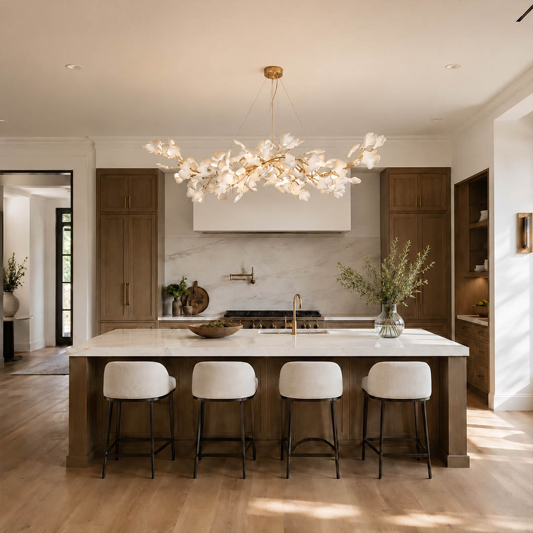 Gingko Chandelier Style C Model A rectangular linear 49.2 inch modern kitchen island marble counter statement mid century art deco fusion warm ambient sculptural lifestyle interior