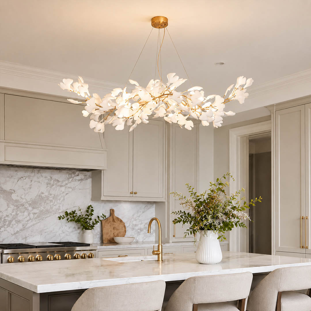 Gingko Chandelier Style C Model A rectangular linear 49.2 inch modern kitchen island marble counter statement mid century art deco fusion warm ambient sculptural lifestyle interior