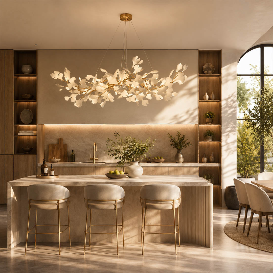 Gingko Chandelier Style C Model A rectangular linear 49.2 inch modern kitchen island marble counter statement mid century art deco fusion warm ambient sculptural lifestyle interior