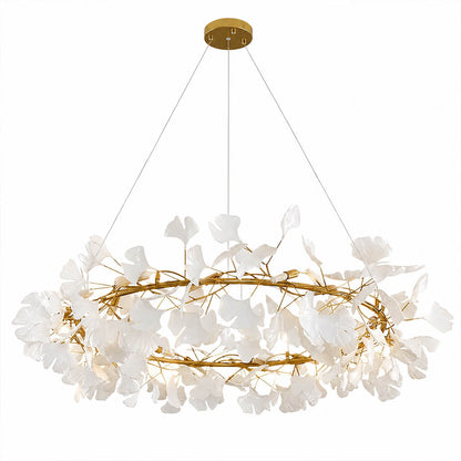 Gingko Chandelier Style D Model A classical radial round drum 23.6 inch handcrafted porcelain ginkgo leaves Rose Gold frame ceramic 6 G9 sockets modern mid century residential dining foyer white background