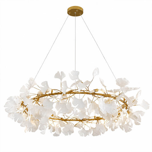 Gingko Chandelier Style D Model A classical radial round drum 23.6 inch handcrafted porcelain ginkgo leaves Rose Gold frame ceramic 6 G9 sockets modern mid century residential dining foyer white background