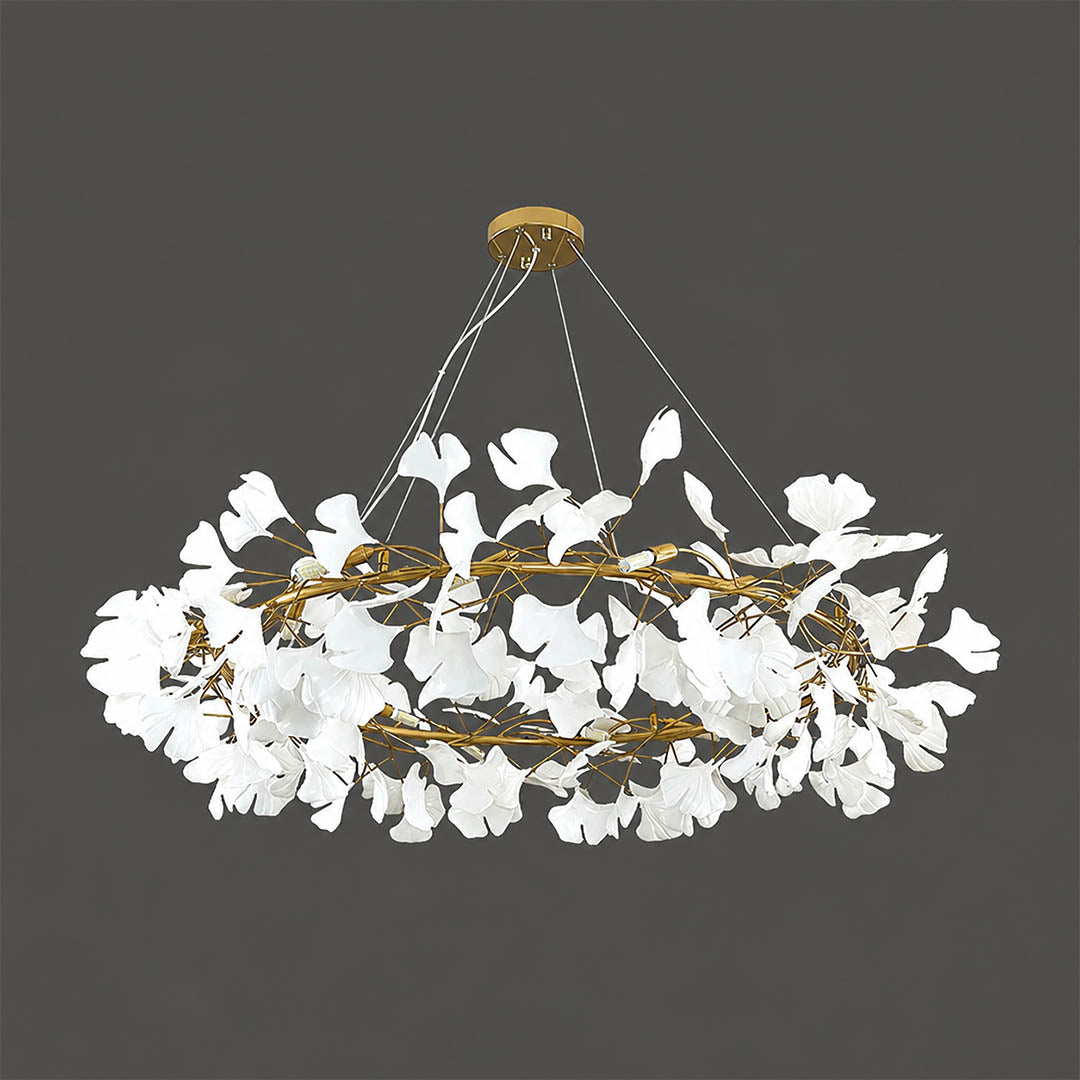 Gingko Chandelier Style D round Rose Gold metal drum frame polished sophisticated warm pink gold finish detail close up architectural