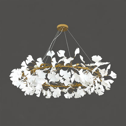 Gingko Chandelier Style D round Rose Gold metal drum frame polished sophisticated warm pink gold finish detail close up architectural