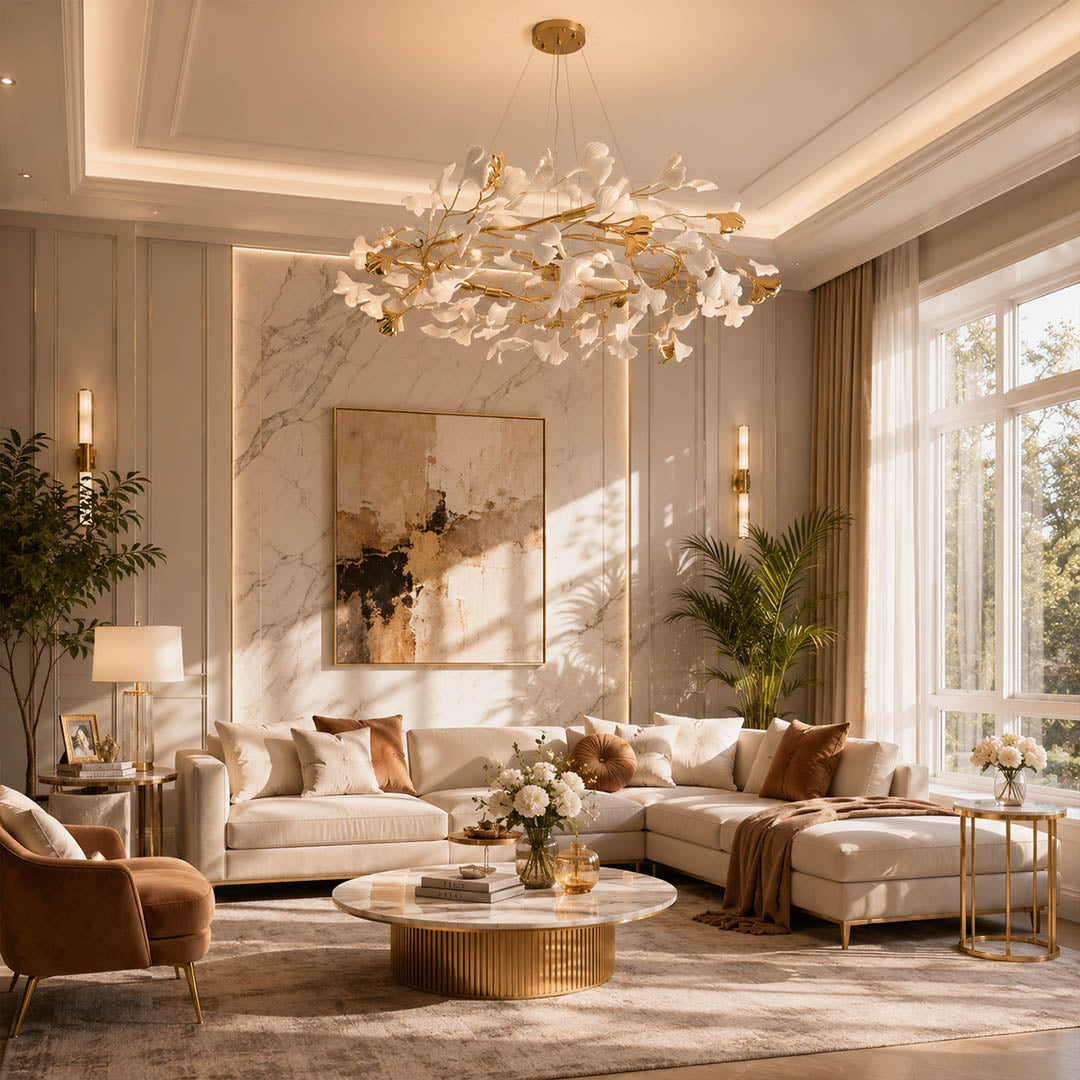 Gingko Chandelier Style D Model B extended 39.4 inch modern living room seating group statement mid century warm ambient sculptural botanical lifestyle interior