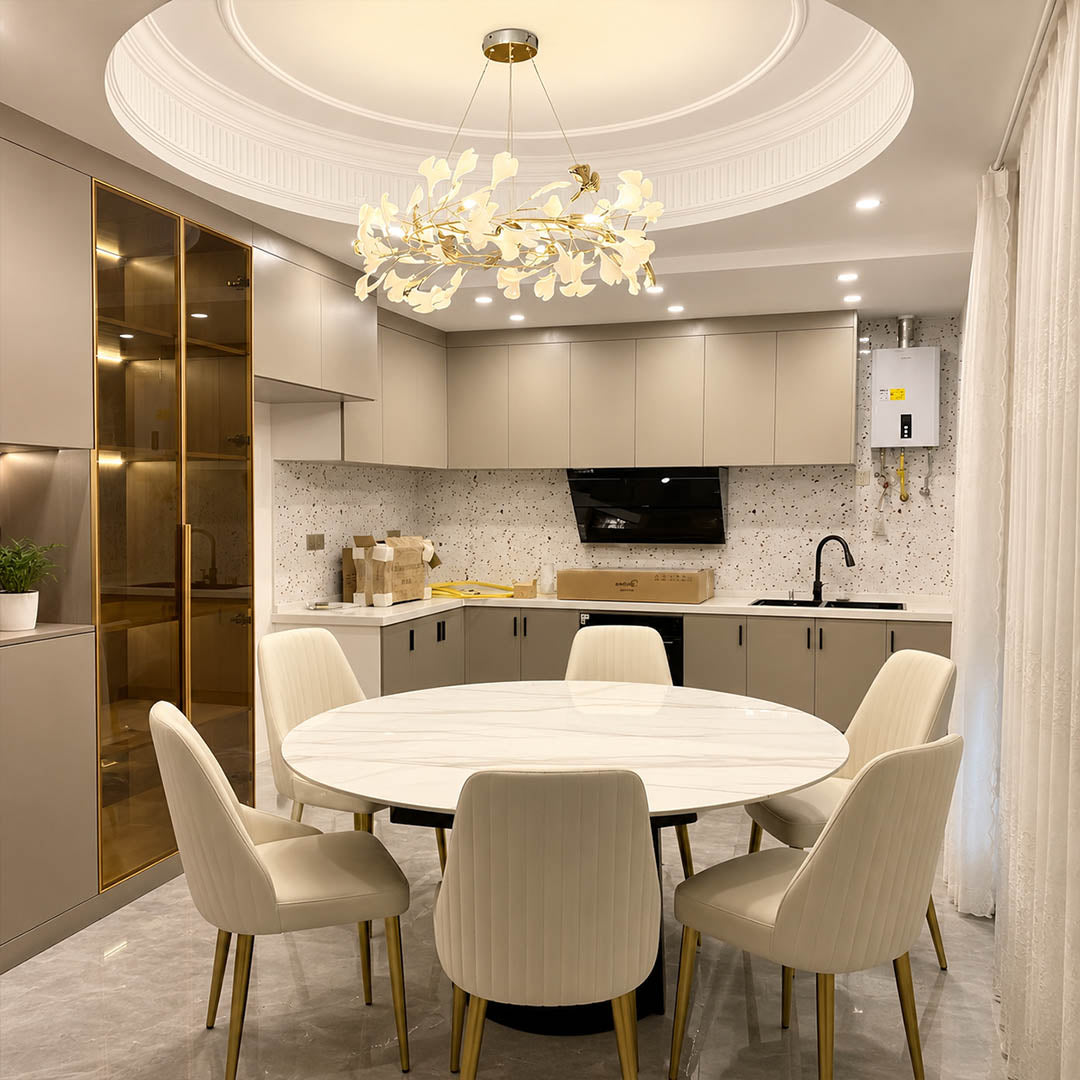 Gingko Chandelier Style D Model A classical radial 31.5 inch modern dining room 6 seat round walnut table statement mid century warm ambient sculptural elegant lifestyle interior