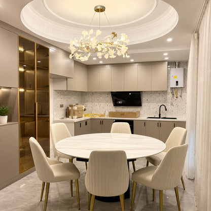 Gingko Chandelier Style D Model A classical radial 31.5 inch modern dining room 6 seat round walnut table statement mid century warm ambient sculptural elegant lifestyle interior