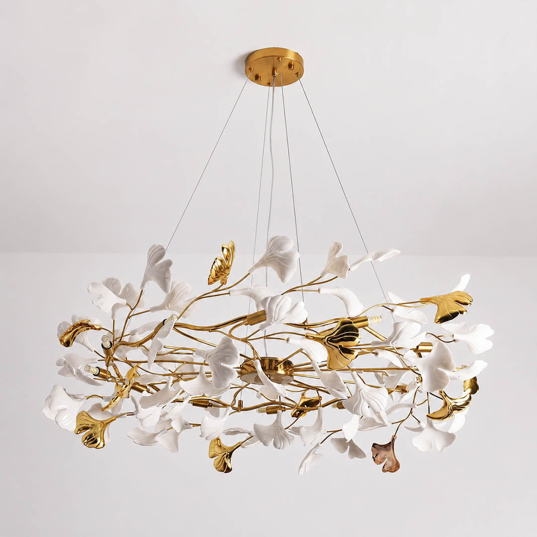 Gingko Chandelier Style D hand glazed porcelain flawless glossy finish consistent artisan craftsmanship detail close up handcraft