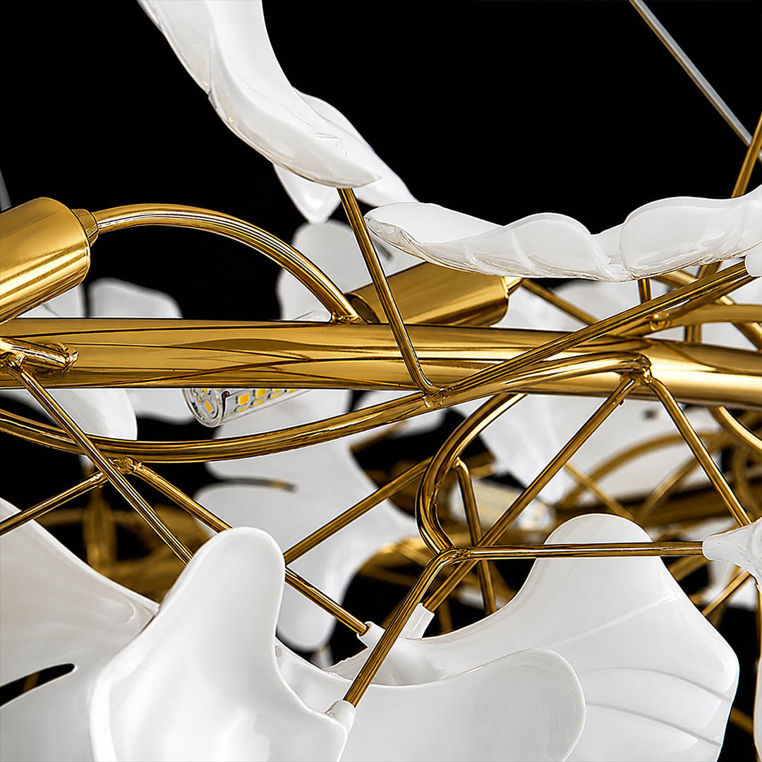 Gingko Chandelier Style D round Rose Gold metal drum frame polished sophisticated warm pink gold finish detail close up architectural