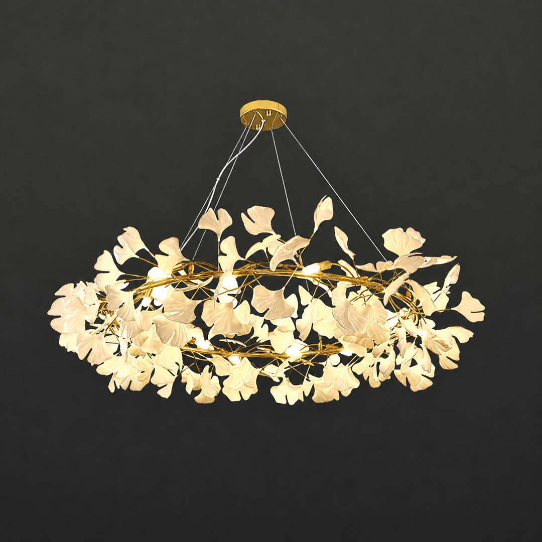Gingko Chandelier Style D Model B extended round drum 59 inch handcrafted porcelain ginkgo leaves Rose Gold frame ceramic 16 G9 sockets modern mid century flagship grand statement dining foyer atrium hospitality boutique reception white background