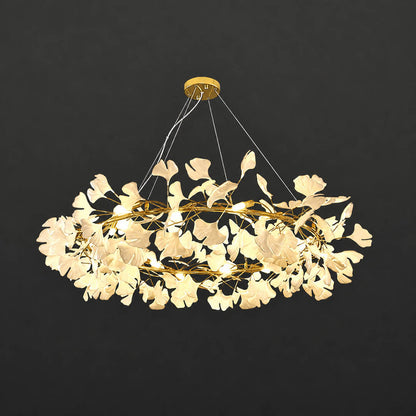 Gingko Chandelier Style D Model B extended round drum 59 inch handcrafted porcelain ginkgo leaves Rose Gold frame ceramic 16 G9 sockets modern mid century flagship grand statement dining foyer atrium hospitality boutique reception white background