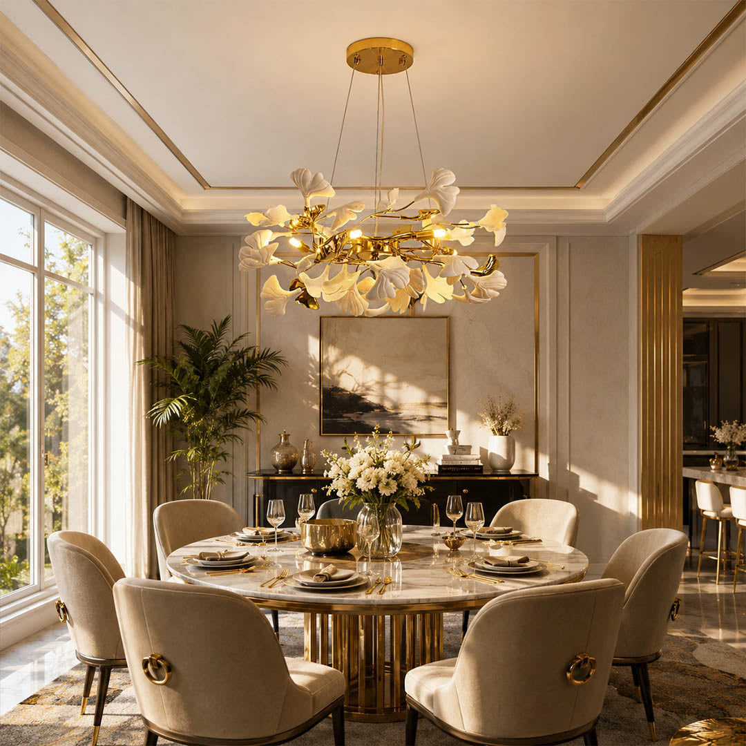 Gingko Chandelier Style D Model A classical radial 31.5 inch modern dining room 6 seat round walnut table statement mid century warm ambient sculptural elegant lifestyle interior