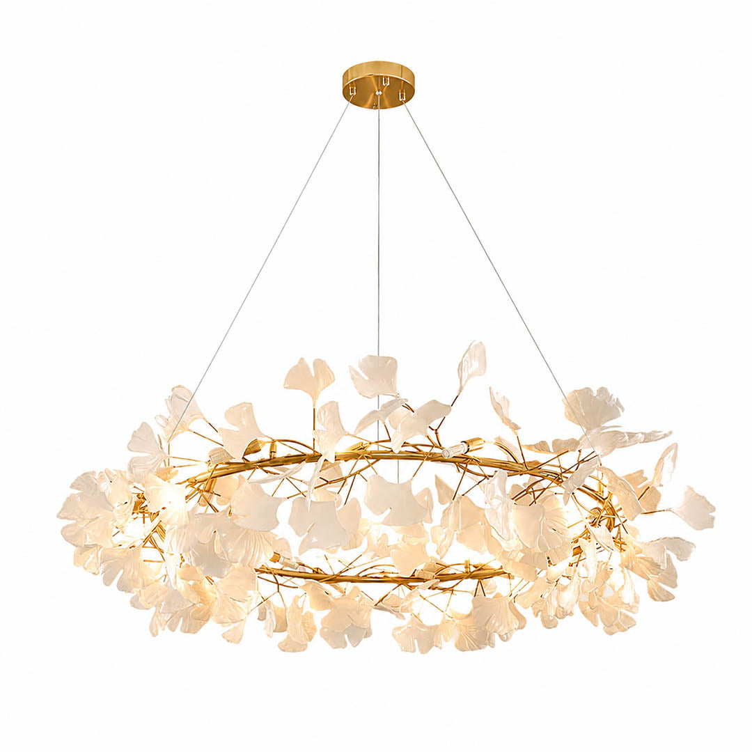 Gingko Chandelier Style D Model A classical radial round drum 23.6 inch handcrafted porcelain ginkgo leaves Rose Gold frame ceramic 6 G9 sockets modern mid century residential dining foyer white background