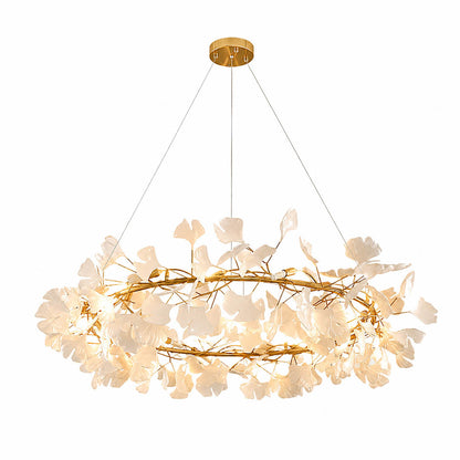 Gingko Chandelier Style D Model A classical radial round drum 23.6 inch handcrafted porcelain ginkgo leaves Rose Gold frame ceramic 6 G9 sockets modern mid century residential dining foyer white background