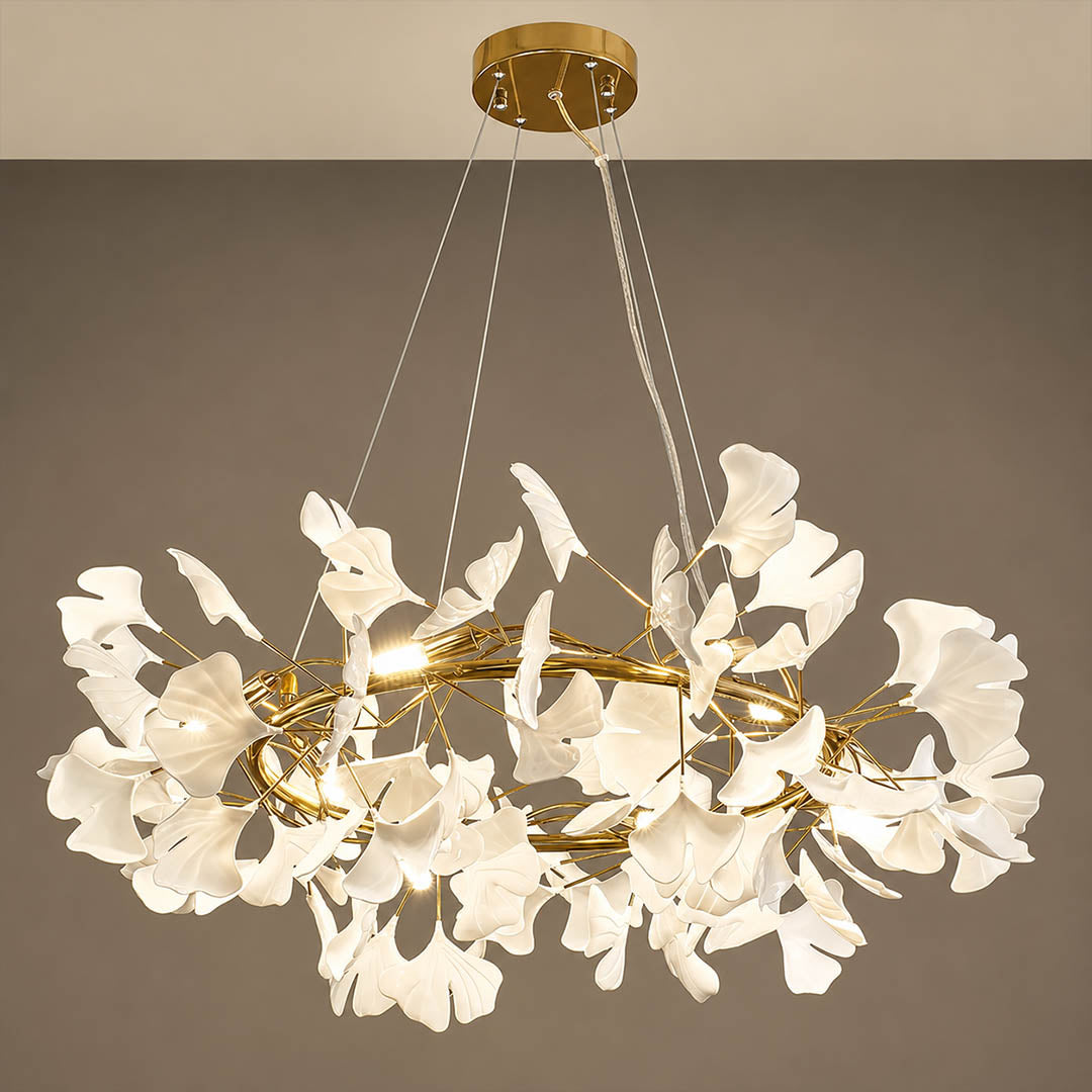 Gingko Chandelier Style D patient handcrafted individual porcelain leaves radial arrangement artisan atelier detail close up authentic craftsmanship