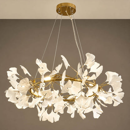 Gingko Chandelier Style D patient handcrafted individual porcelain leaves radial arrangement artisan atelier detail close up authentic craftsmanship