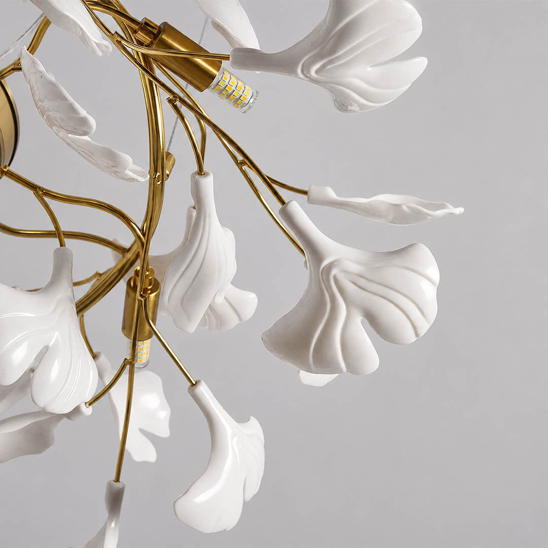 Gingko Chandelier Style D single ceramic hand glazed porcelain ginkgo leaf matte white botanical detail close up craftsmanship handcraft